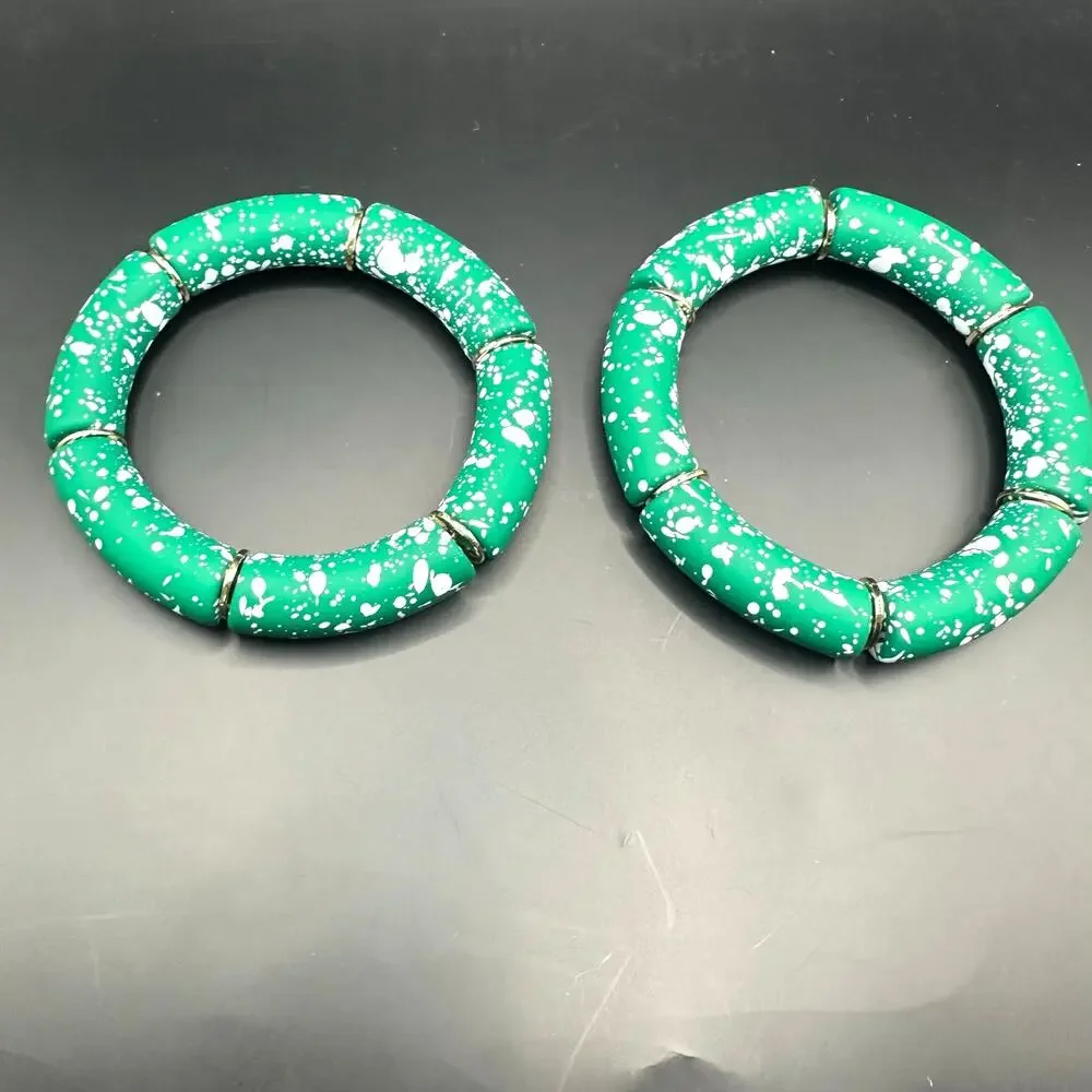 Green Tube Stretch Bracelet Set of 2 Bracelets Splatter Modern White Lot Casual